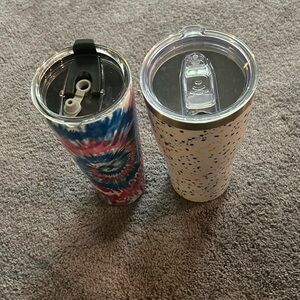 Two Stainless Steel Travel Mugs Tye Dye and Paint Splotches